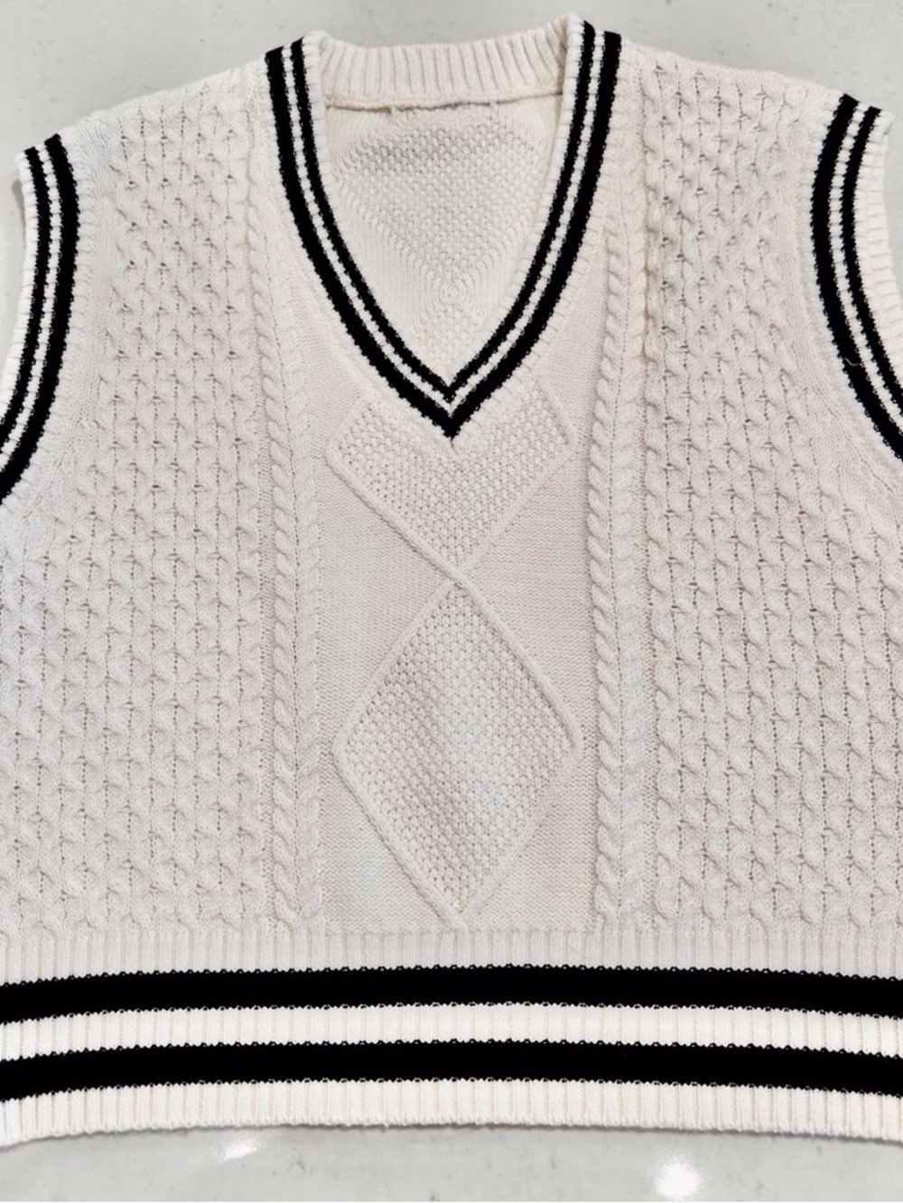 Classic Cream Cable Knit V-Neck Sweater Vest with Black Trim
